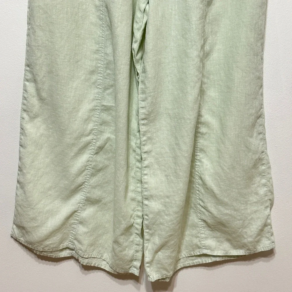 FLAX 100% Linen Wide Leg Pants Womens Small Mint Green Elastic Waist *Flaw